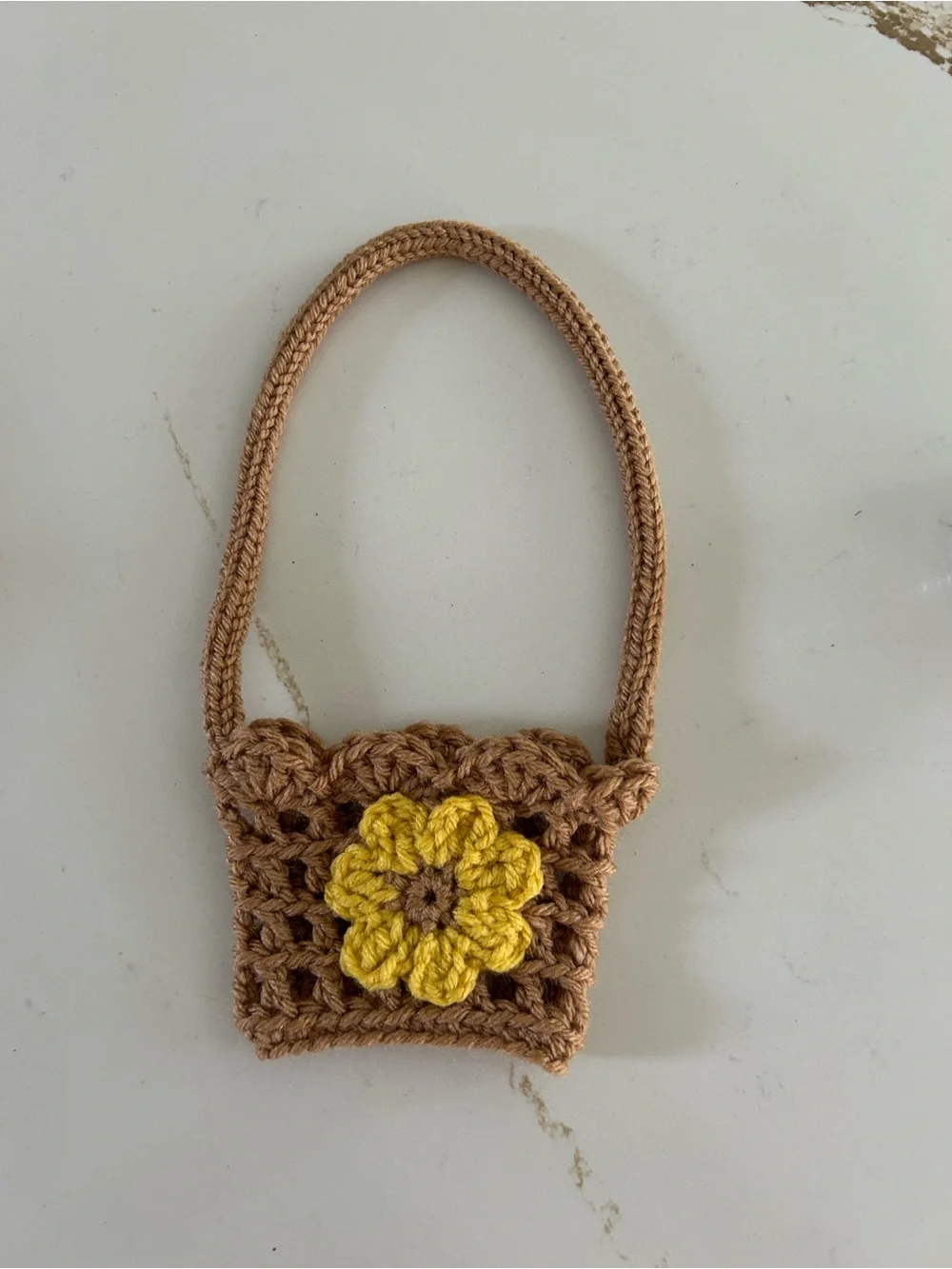 Handmade Beige Crochet coffee cup holder with Yellow Flower Accent
